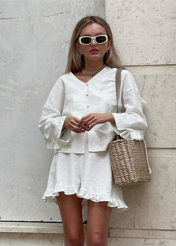 Linen Grace - Two-Piece Ruffle Trim Cotton-Linen Set