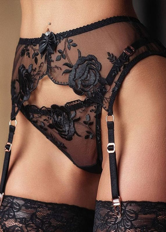 Midnight Rose Lace Lingerie Set with Garter Belt