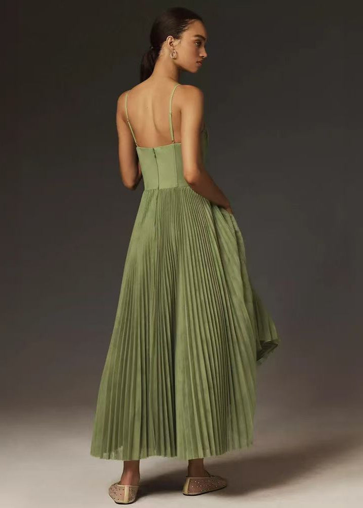 Olive Grace – Pleated Midi Corset Dress with Spaghetti Straps