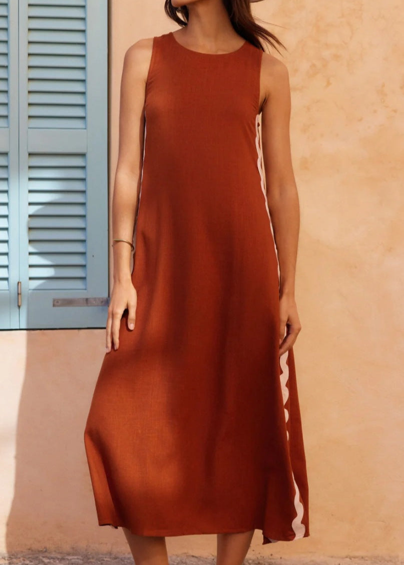 Canyon Trace – Sleeveless Rust Midi Dress with Wavy Trim