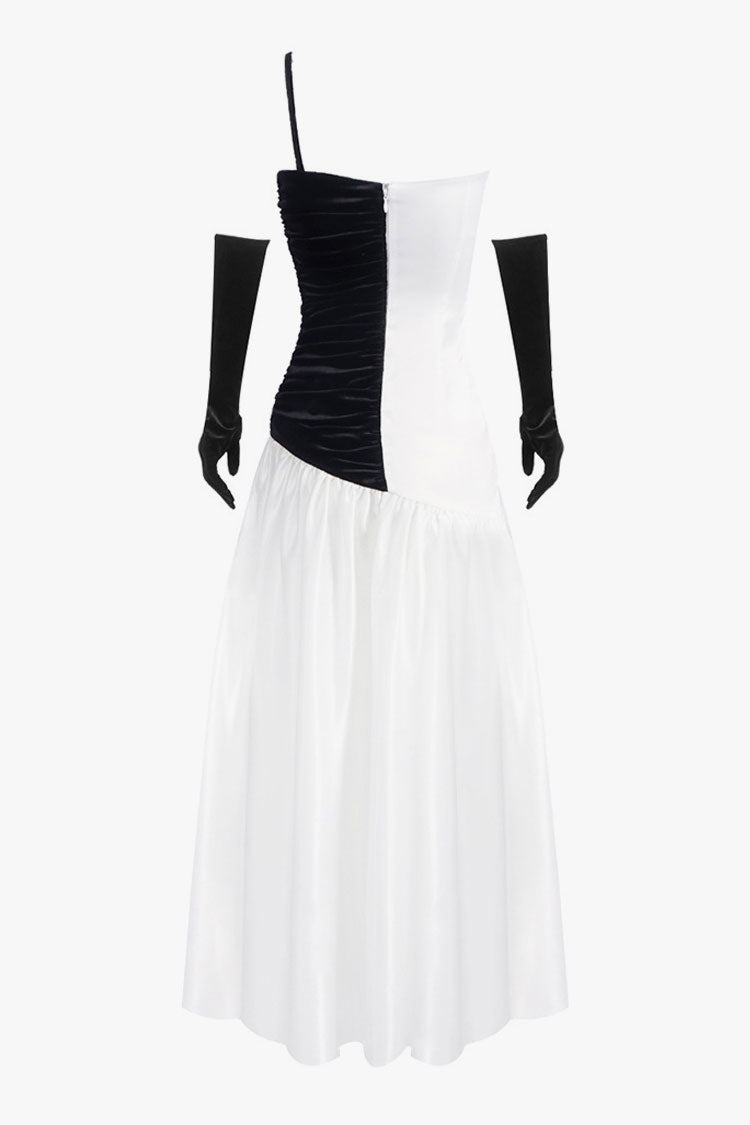 Asymmetric One Shoulder Mesh Panel Satin Pleated Formal Maxi Dress