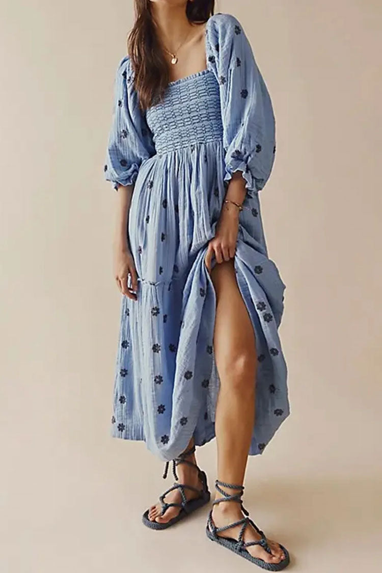 Boho Floral Embroidered Puff Sleeve Tiered Smock Beach Vacation Midi Dress