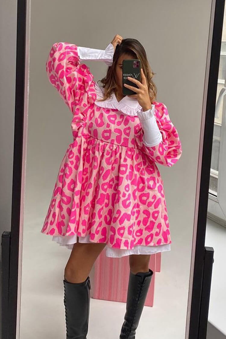 Cute Contrast Peter Pan Collar Balloon Sleeve Leopard Babydoll Mini Dress
