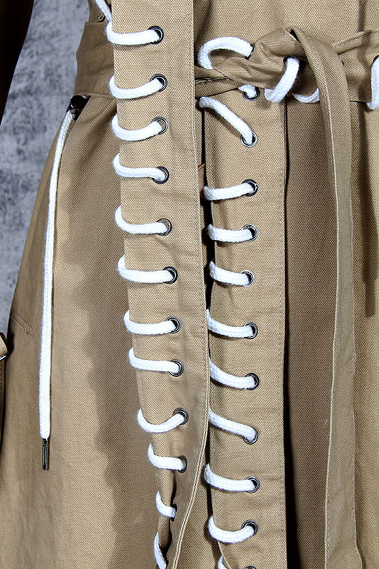 Distinctive Collared Epaulette Lace Up Double Breasted Belted Trench Coat