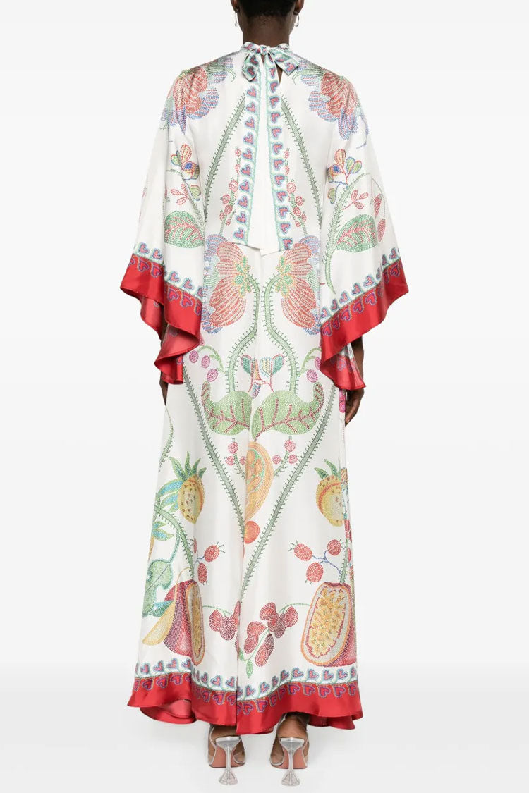 Elegant Printed Tie Neck 3/4 Sleeve Summer Vacation Maxi Kaftan Dress