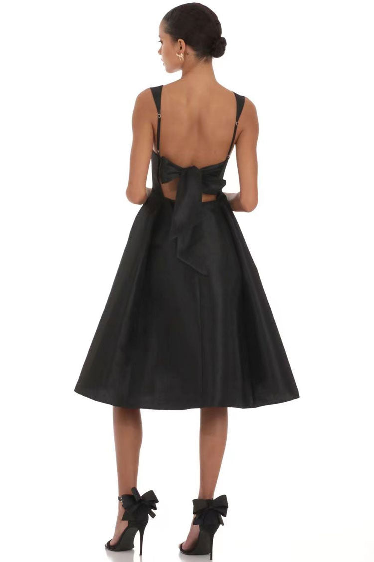 Elegant Square Neck Sleeveless Bow Tie Fit & Flare Cocktail Midi Dress