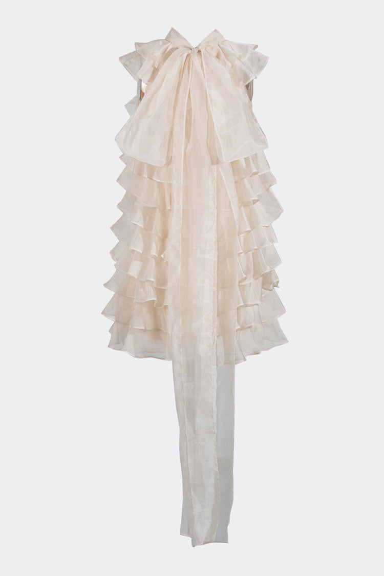 Girlish Bow Tie Neck Tiered Ruffle Sleeveless Chiffon Vacation Mini Dress