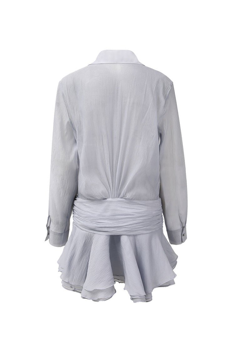 Luxury Crinkled Button Up Ruched Drop Waist Tiered Ruffle Mini Shirt Dress