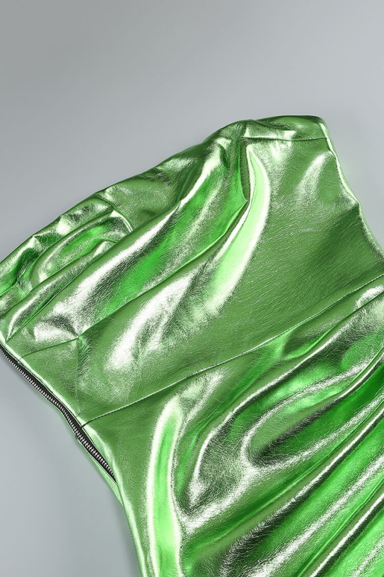 Metallic Faux Leather Ruched Draped Strapless Micro Mini Party Dress