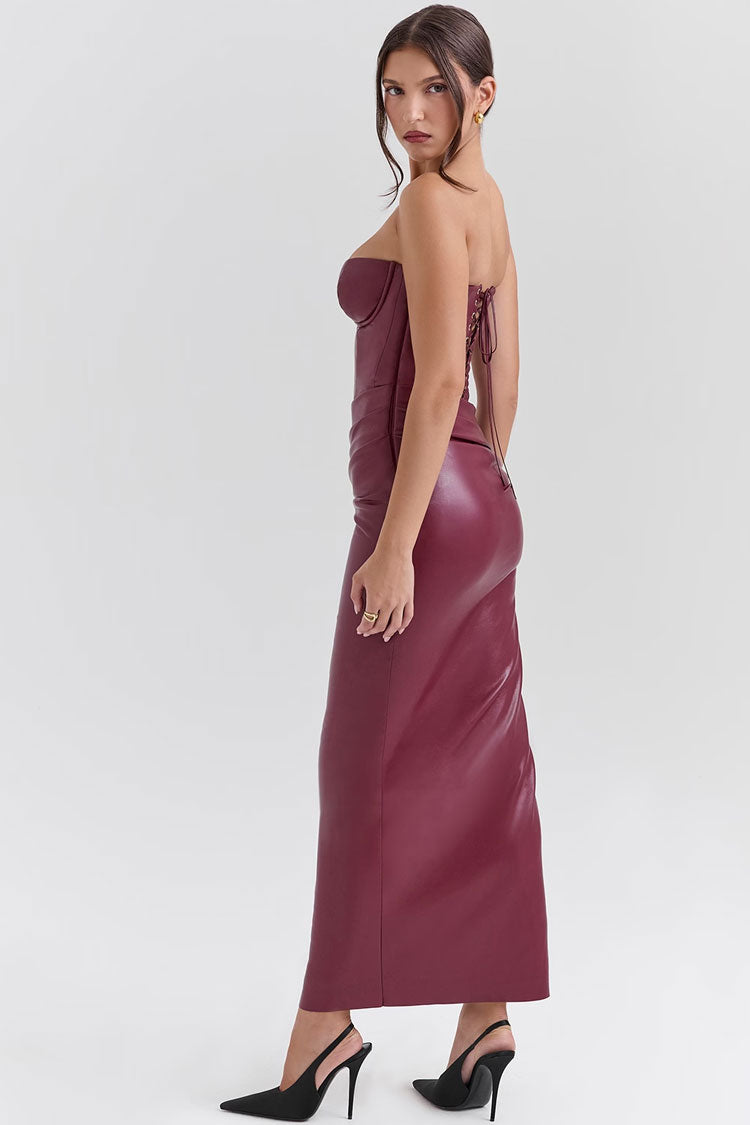 Sexy Bustier Strapless Ruched Vegan Leather Bodycon Evening Maxi Dress