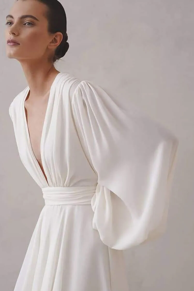 Sexy Deep V Balloon Sleeve Ruched Cinch High Waist Flared Party Mini Dress