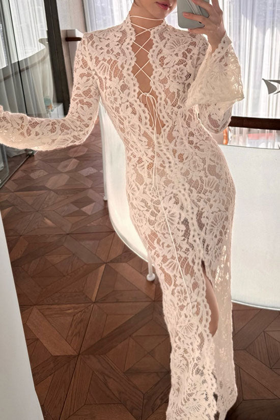 Sexy Lace Up Scalloped Plunge Long Sleeve Sheer Lace Maxi Dress