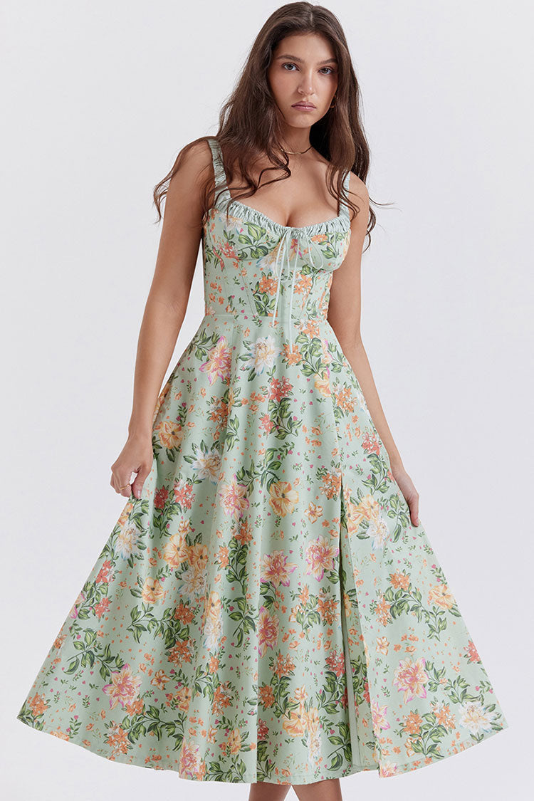 Sexy Tie Neck High Split Floral Printed Summer Midi Sundress - Green