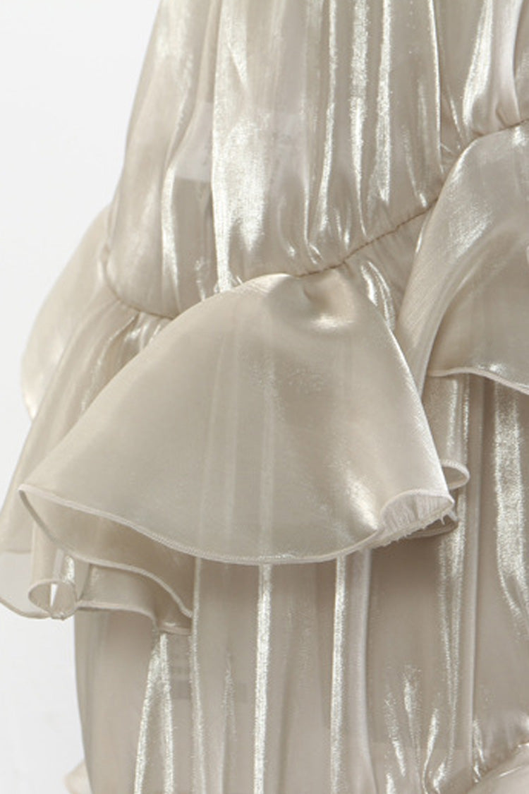 Silky High Waist Ruched Layered Ruffle Draped Asymmetric Midi Skirt