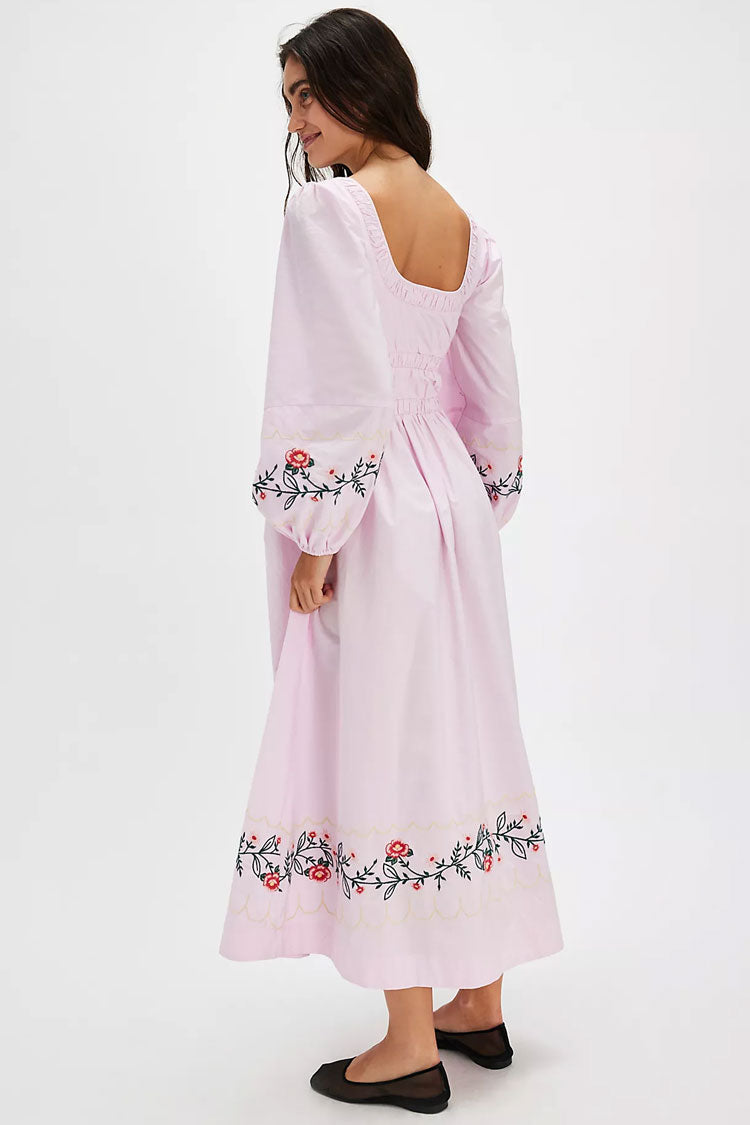 Vintage Print Bow Scoop Neck Bishop Sleeve Smock Beach Vacation Midi Dress