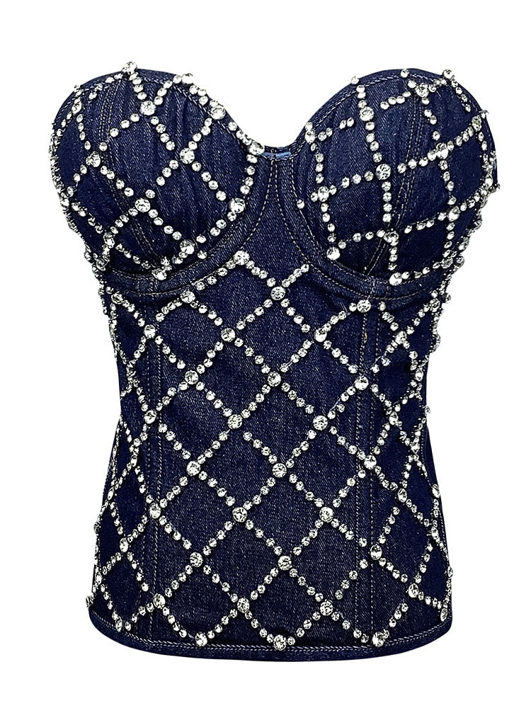 Rhinestone Denim Bustier Top