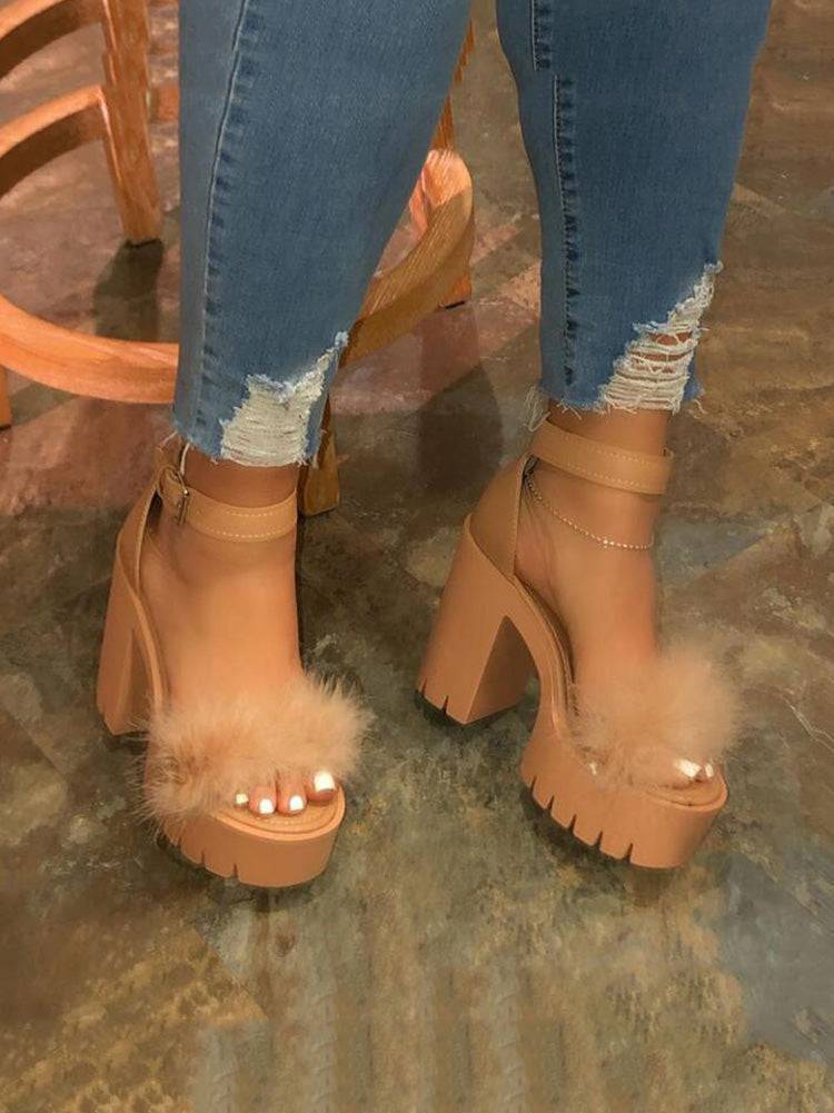 Fluffy Upper Chunky Heels Sandals