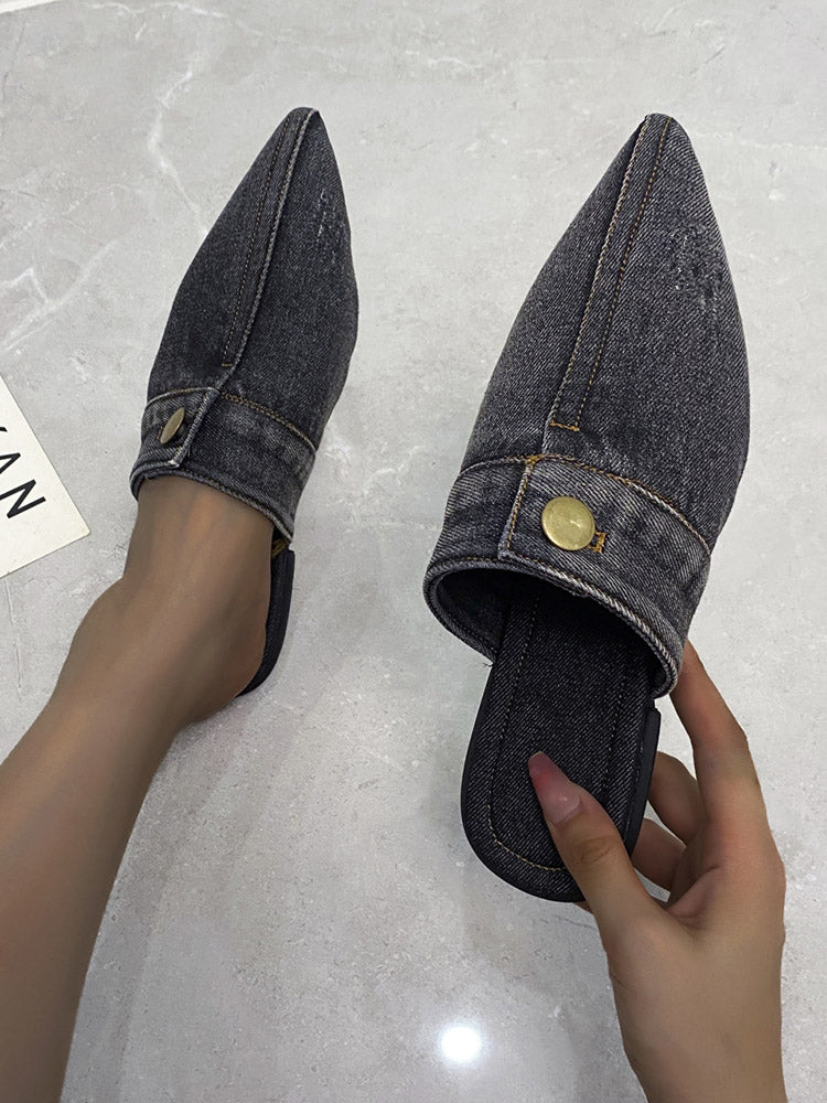 Button Decor Pointed Toe Denim Flat Slides