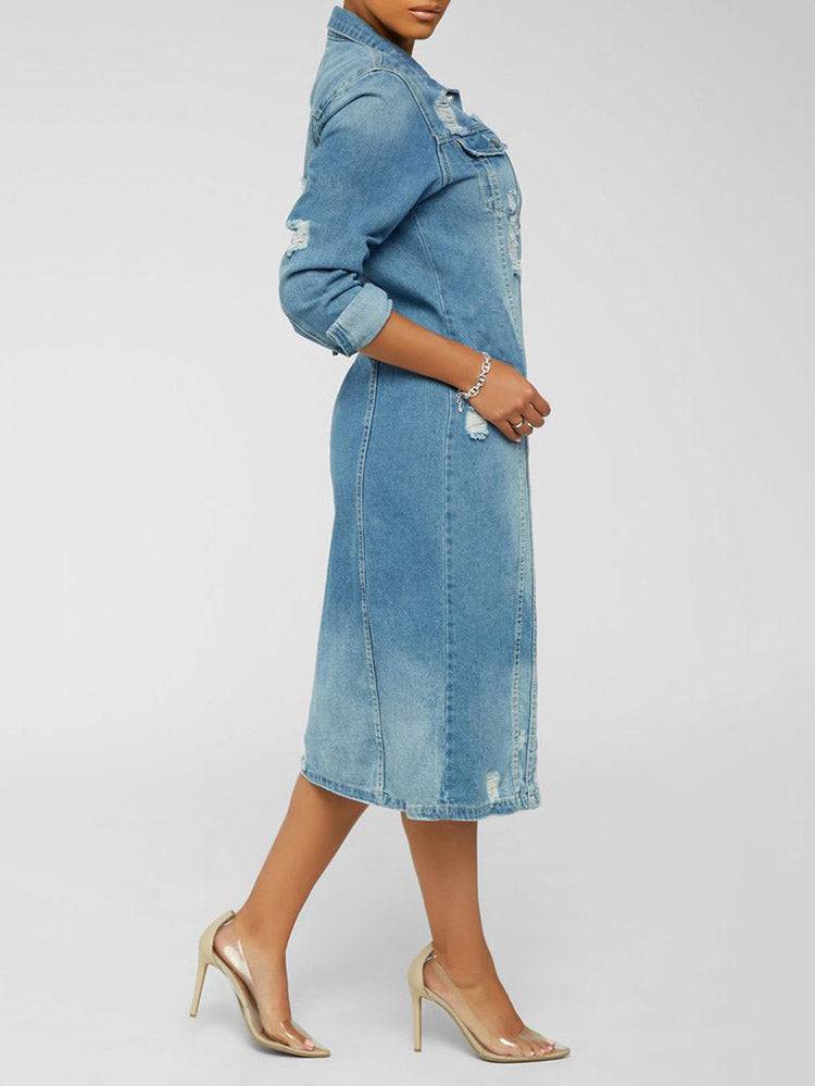 Turndown Collar Ripped Denim Coats