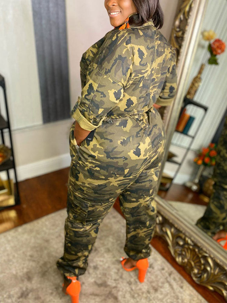 Camouflage Front Zipper Jumpsuit