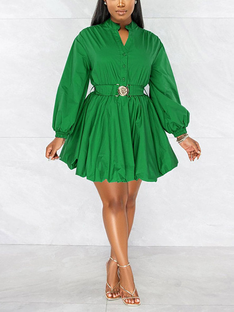 Belted Puffy Sleeve Solid Dress