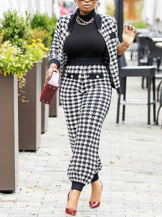 Houndstooth Zipper Patchwork Pants Set