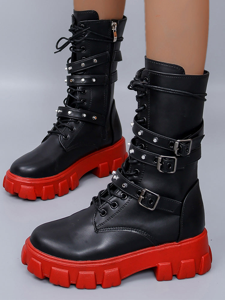 Eyelet Buckled Zipper Platform Boots