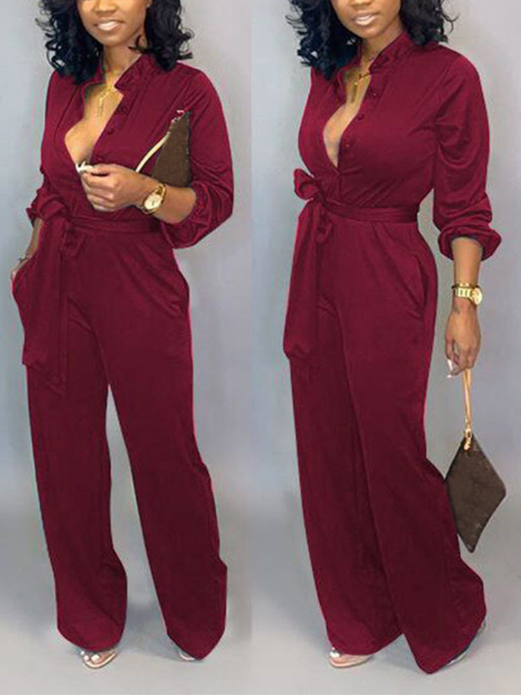 Button Belted Wide Leg Jumpsuit