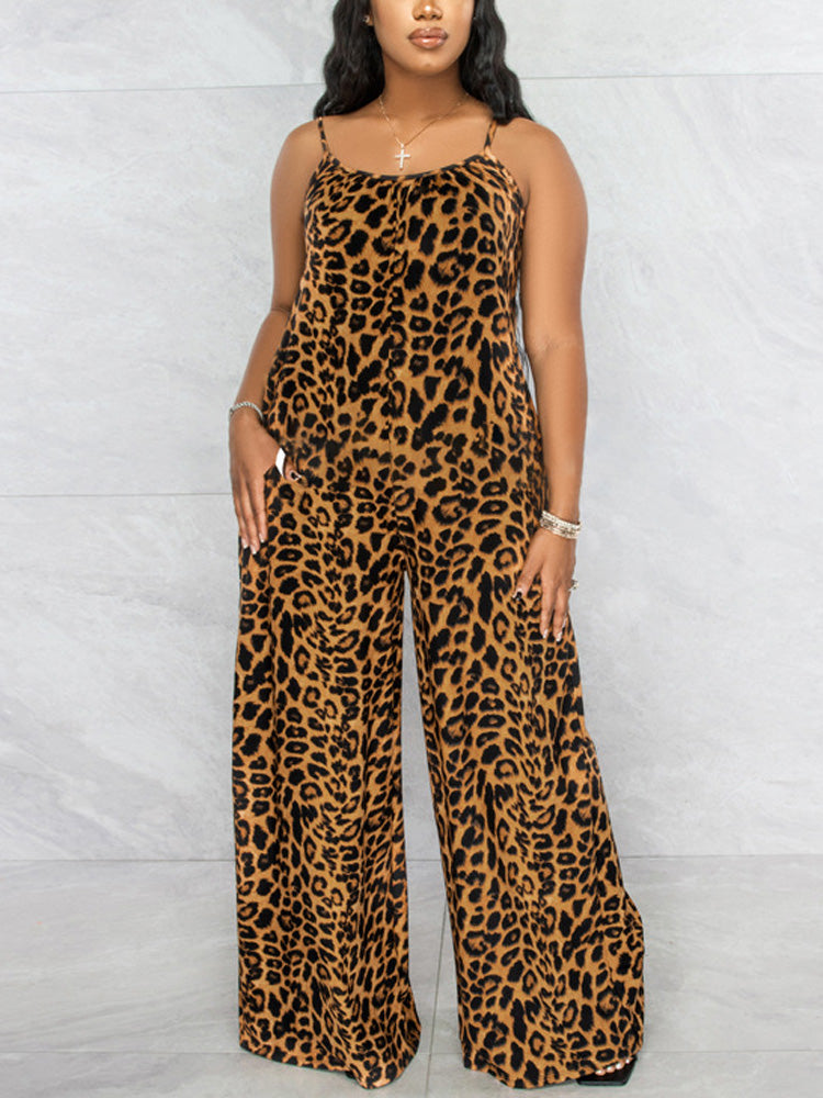 Leopard Spaghetti Strap Jumpsuit