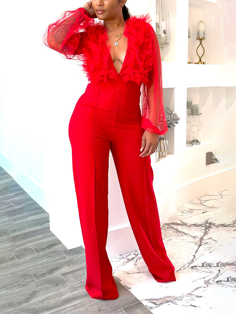 Mesh V Neck Jumpsuit