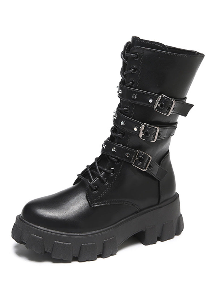 Eyelet Buckled Zipper Platform Boots