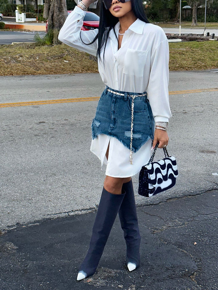 Shirt & Denim Mini Skirt Set