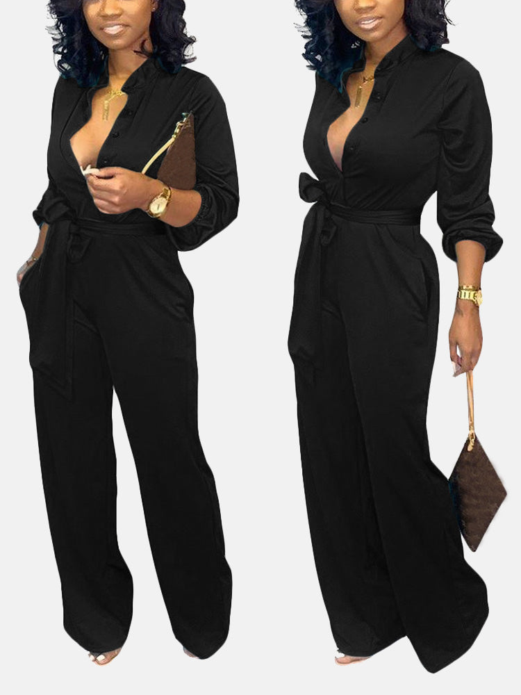 Button Belted Wide Leg Jumpsuit