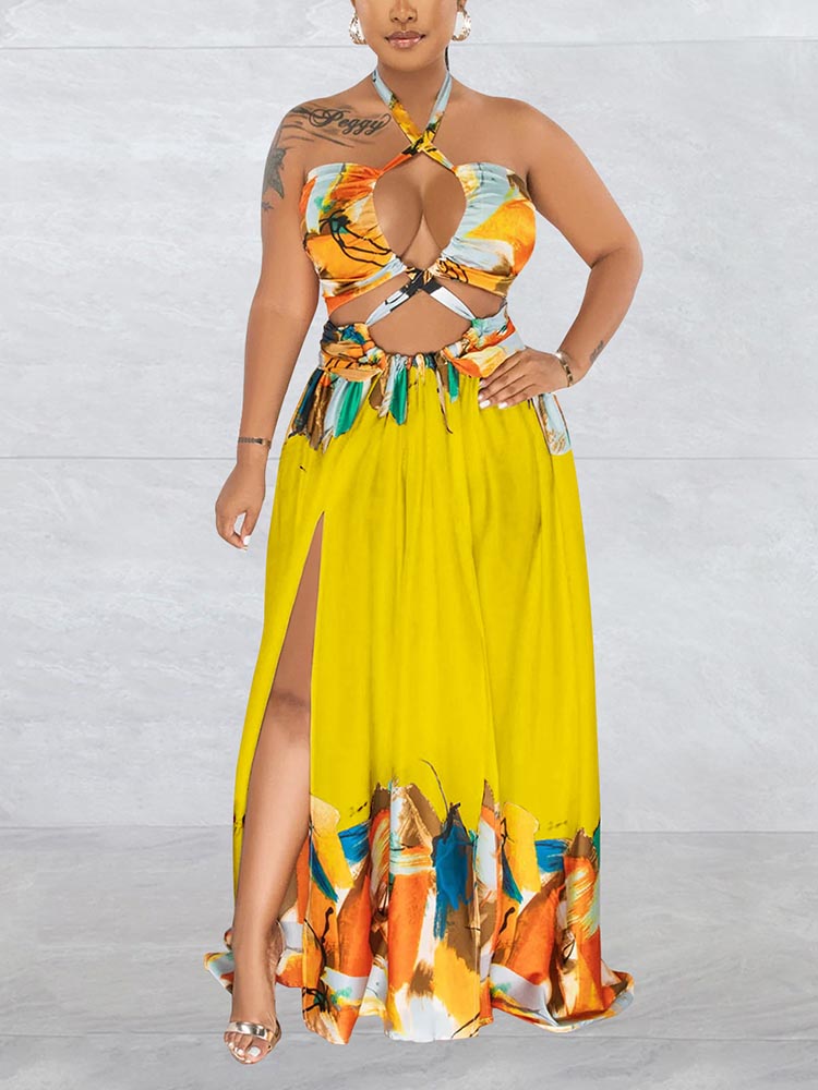 Print Halter Cutout Maxi Dress