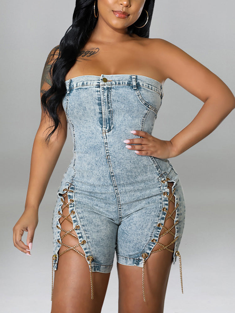 Strapless Denim Lace-up Romper