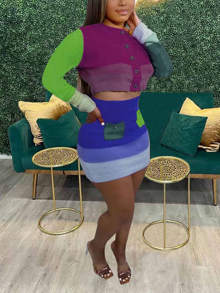 Knit Color Block Crop Top And Skirt Set