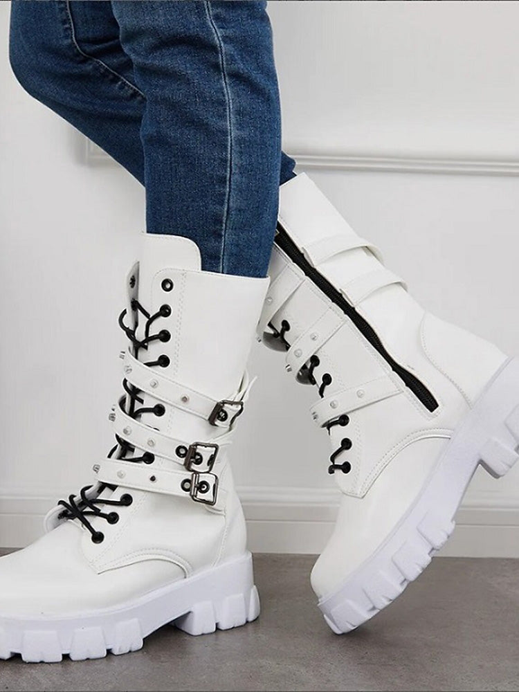 Eyelet Buckled Zipper Platform Boots