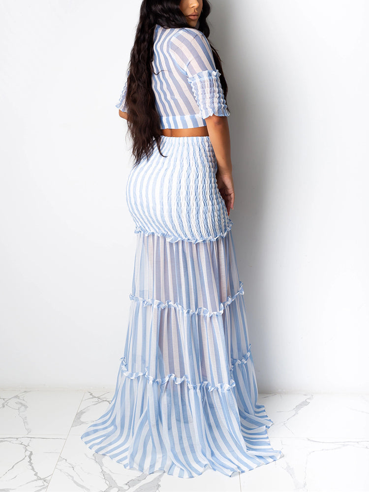 Striped Crop Top Ruffle Skirt Set