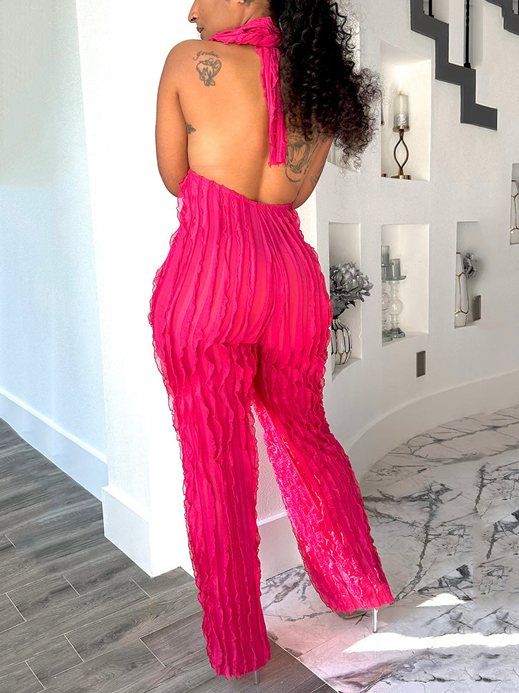 Halter Backless Ruffle Wide Jumpsuit