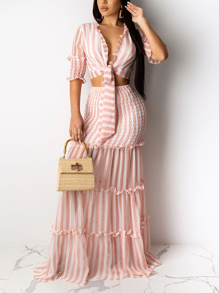 Striped Crop Top Ruffle Skirt Set