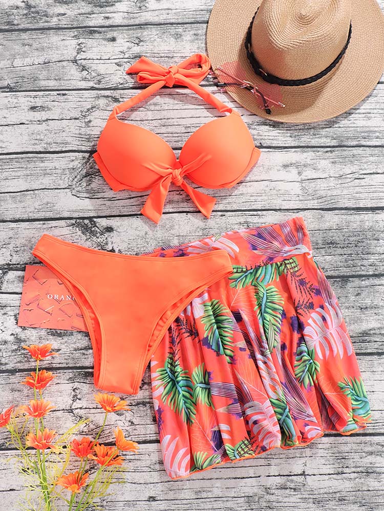 3pack Plant Print Halter Bikini Swimsuit & Skirt