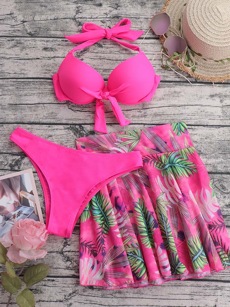 3pack Plant Print Halter Bikini Swimsuit & Skirt