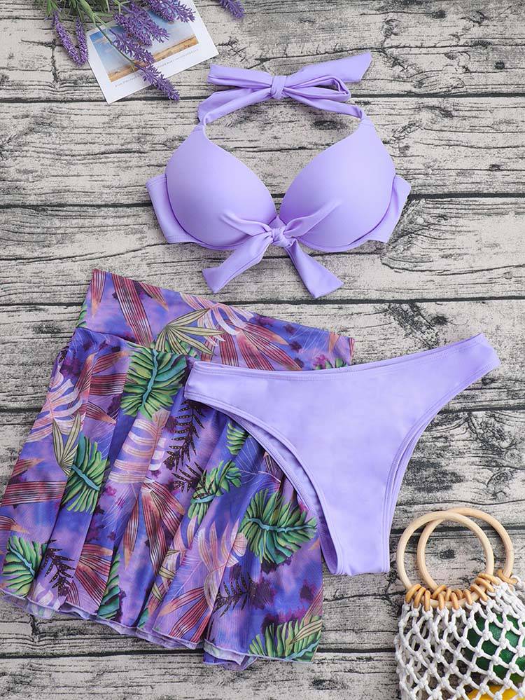 3pack Plant Print Halter Bikini Swimsuit & Skirt