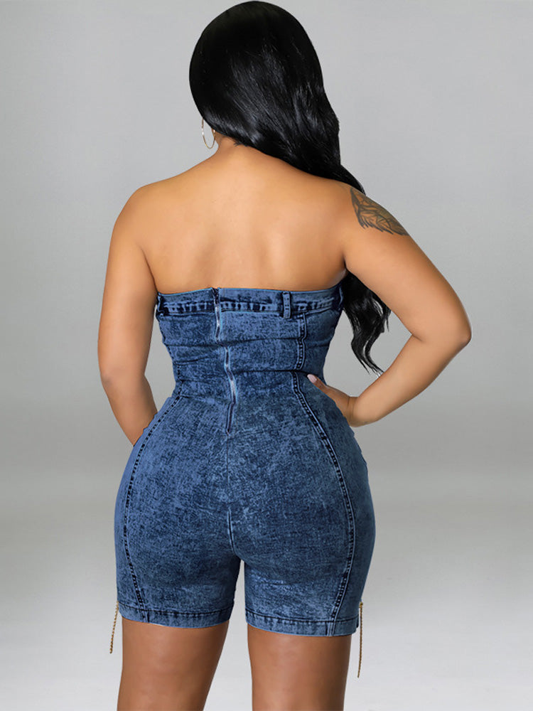 Strapless Denim Lace-up Romper