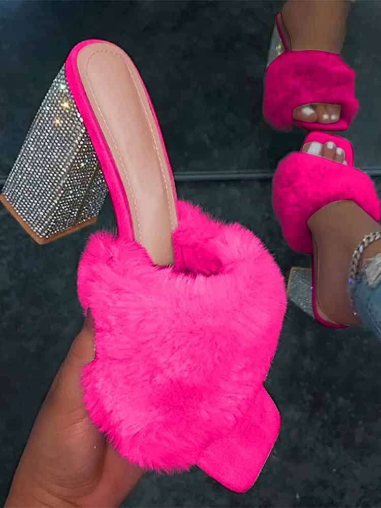 Rhinestone Chunky Heel Furry Sandal