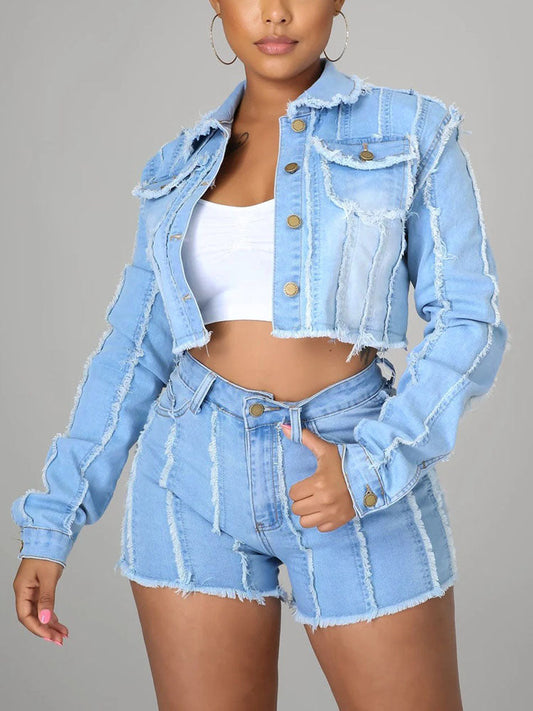 Denim Cropped Jacket & Short Set