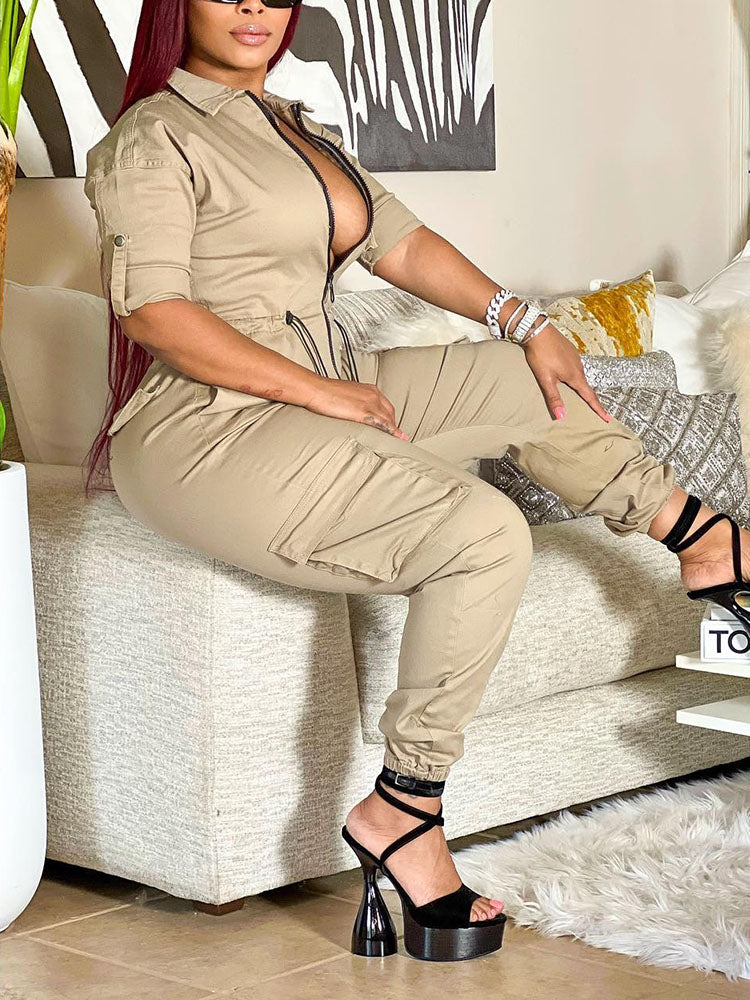 Zip Front Cargo Jumpsuit