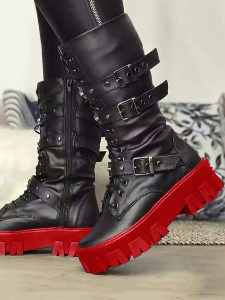 Eyelet Buckled Zipper Platform Boots