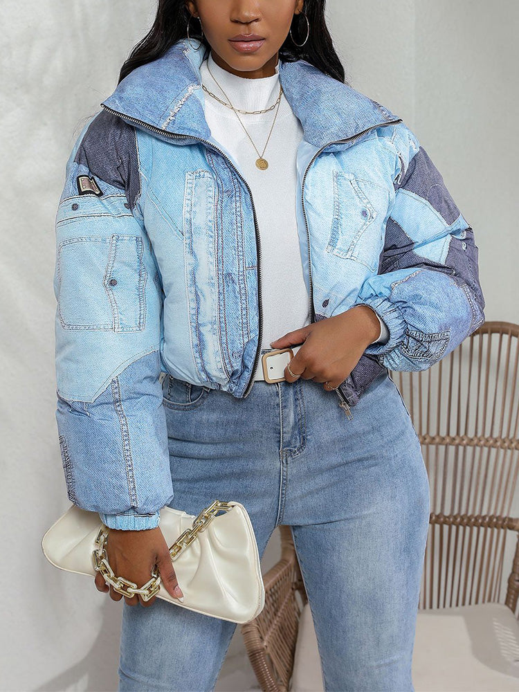 Denim Printed Puffer Jacket