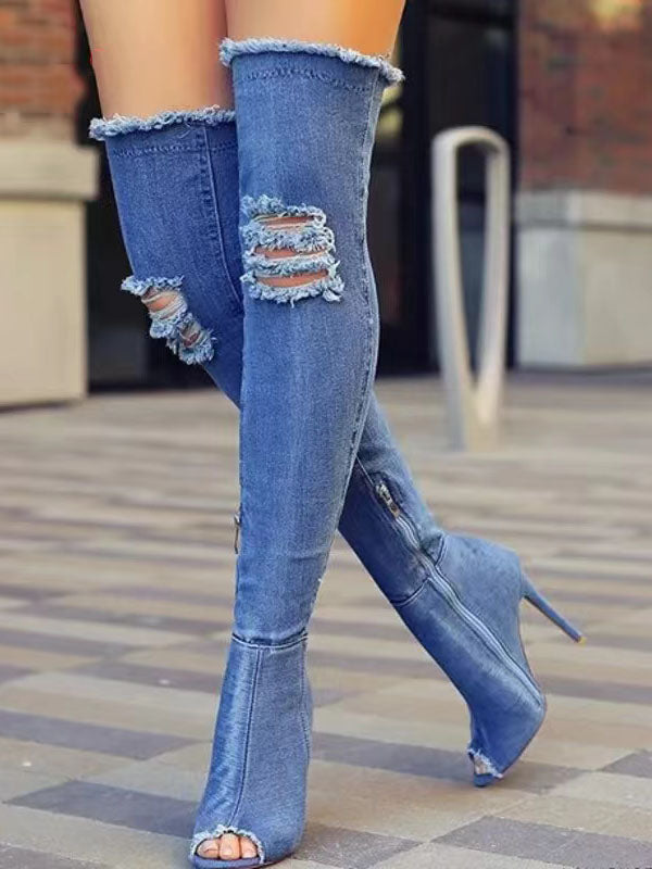 Peep Toe Over The Knee Denim Boots